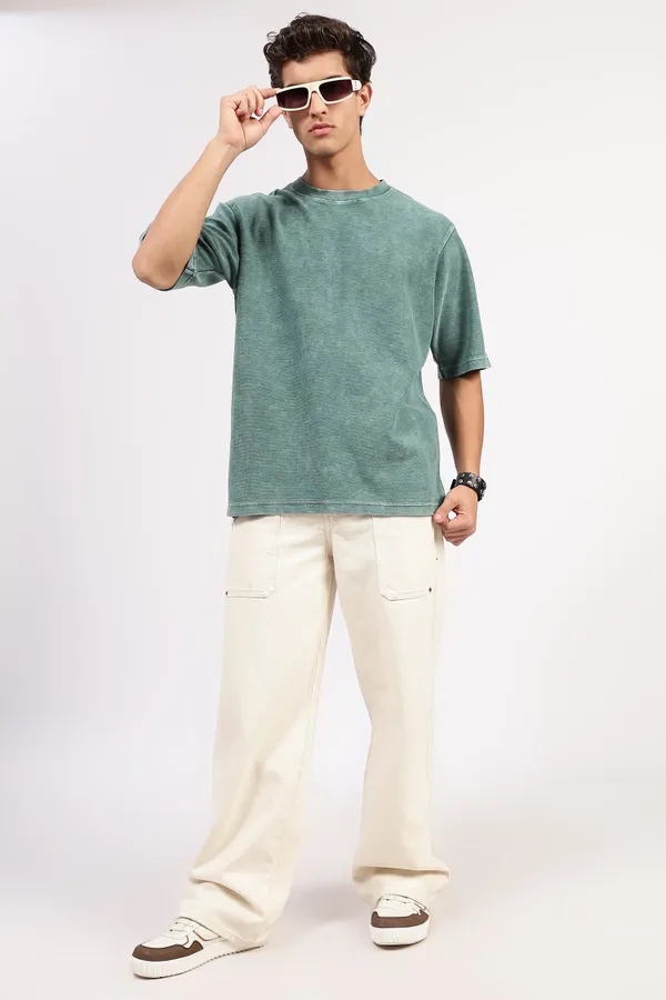 Green_Cotton_Textured_T-Shirt_For_Men_-_Oversized_Fit