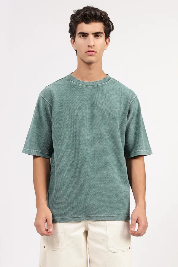 Green_Cotton_Textured_T-Shirt_For_Men_-_Oversized_Fit