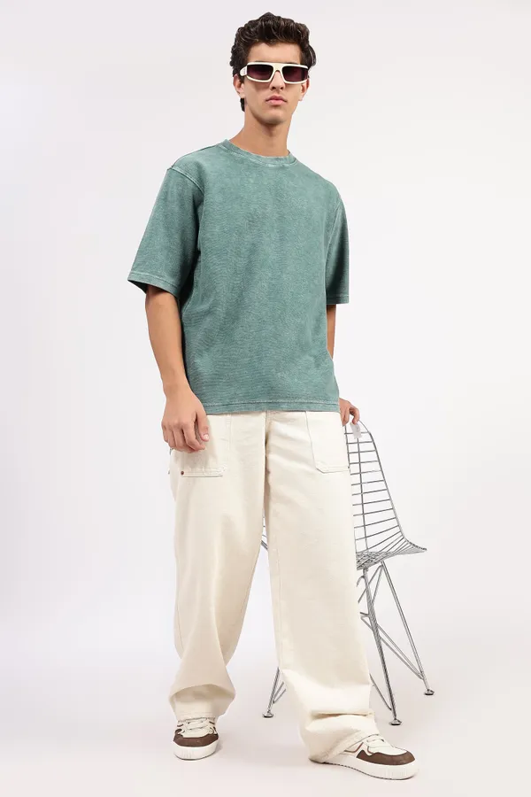 Green_Cotton_Textured_T-Shirt_For_Men_-_Oversized_Fit