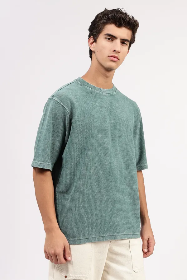 Green_Cotton_Textured_T-Shirt_For_Men_-_Oversized_Fit