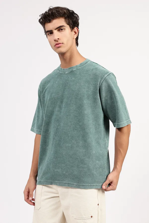 Green_Cotton_Textured_T-Shirt_For_Men_-_Oversized_Fit
