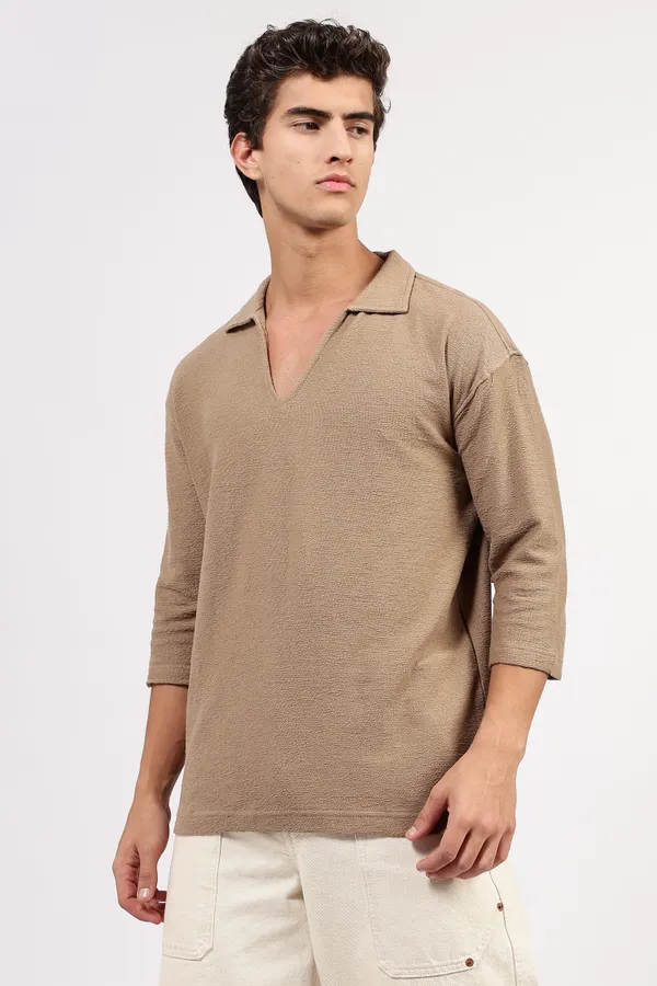 Taupe_Cotton_Textured_Polo_Shirt_For_Men_-_Oversized_Fit