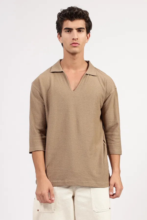 Taupe_Cotton_Textured_Polo_Shirt_For_Men_-_Oversized_Fit