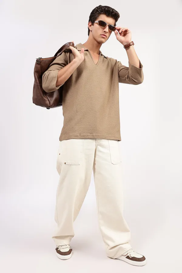Taupe_Cotton_Textured_Polo_Shirt_For_Men_-_Oversized_Fit