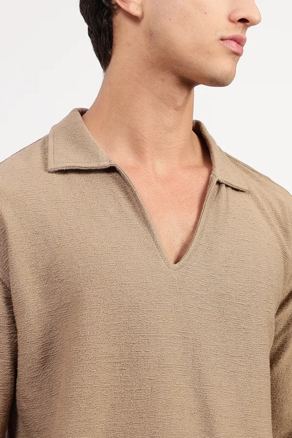 Taupe_Cotton_Textured_Polo_Shirt_For_Men_-_Oversized_Fit
