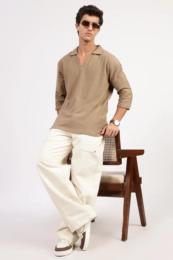 Taupe_Cotton_Textured_Polo_Shirt_For_Men_-_Oversized_Fit