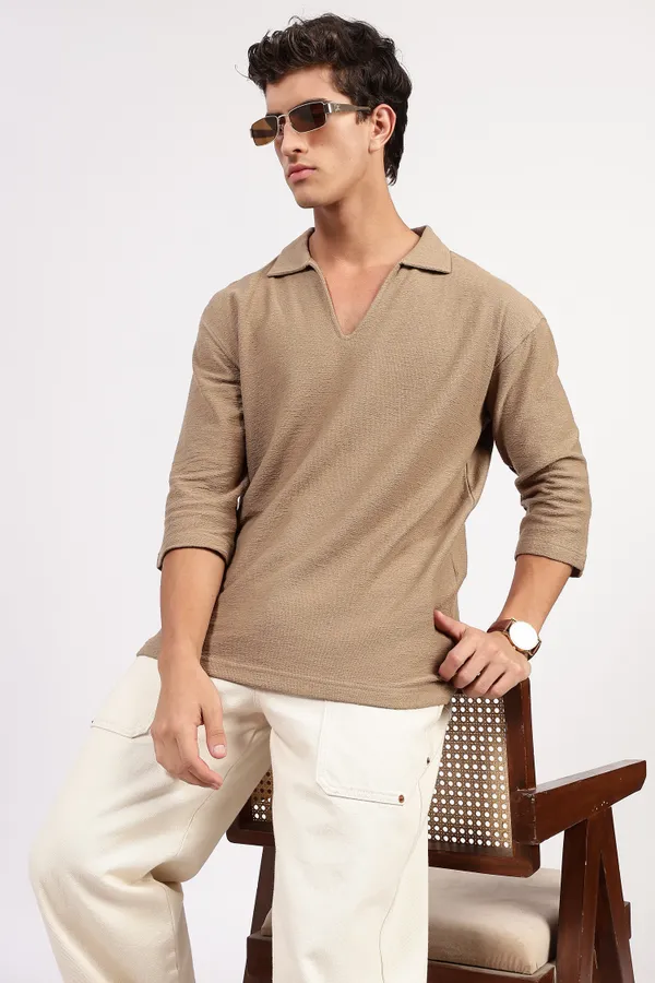 Taupe_Cotton_Textured_Polo_Shirt_For_Men_-_Oversized_Fit