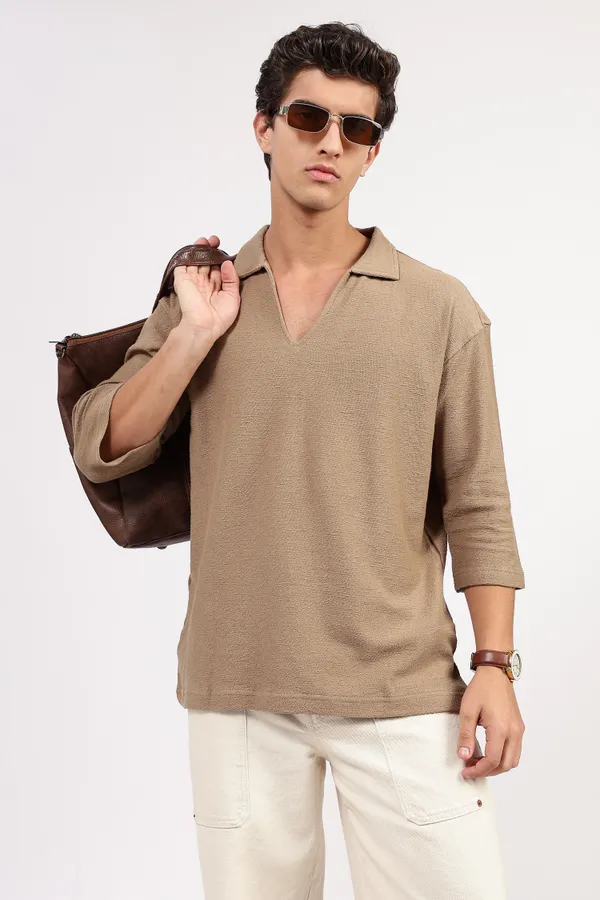 Taupe_Cotton_Textured_Polo_Shirt_For_Men_-_Oversized_Fit