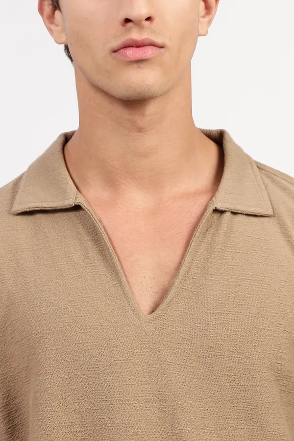 Taupe_Cotton_Textured_Polo_Shirt_For_Men_-_Oversized_Fit