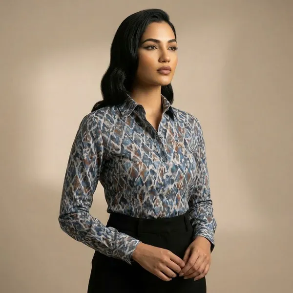 Grey_And_Blue_Chanderi_Slik_Premium_Shirt_For_Women