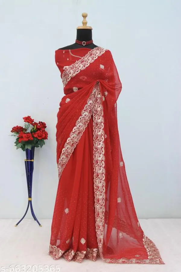 Red_Embroidered_Party_Wear_Shimmer_Saree_With_Blouse_For_Women