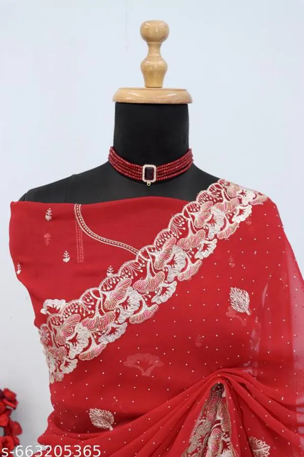 Red_Embroidered_Party_Wear_Shimmer_Saree_With_Blouse_For_Women