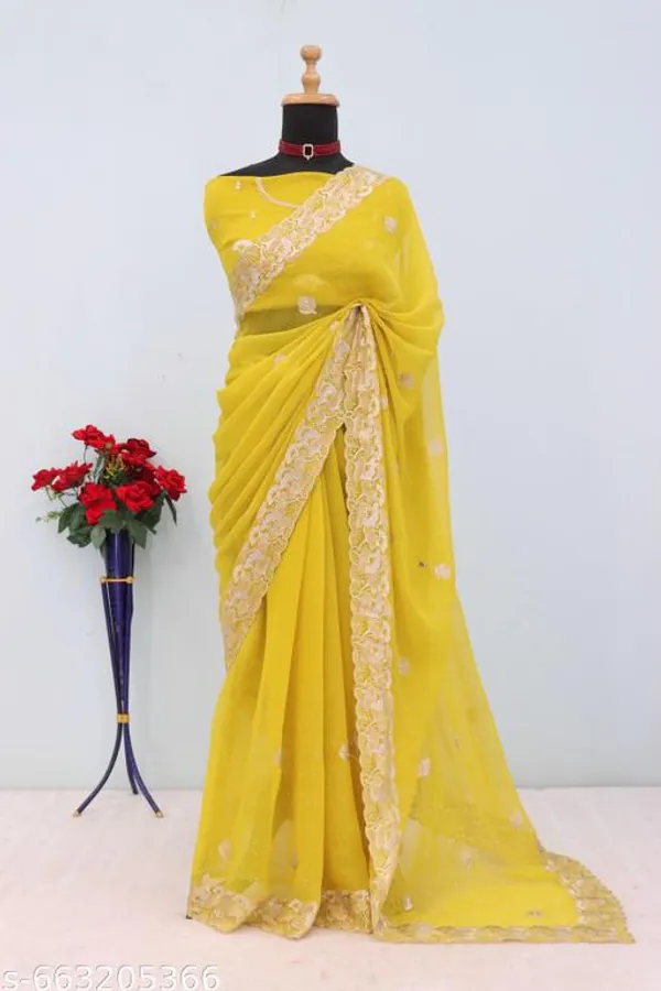 Yellow_Embroidered_Party_Wear_Shimmer_Saree_With_Blouse_For_Women