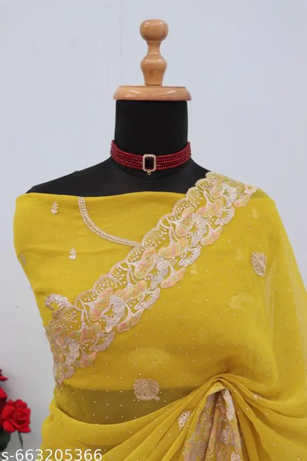 Yellow_Embroidered_Party_Wear_Shimmer_Saree_With_Blouse_For_Women