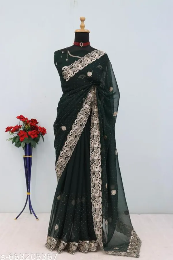 Green_Embroidered_Party_Wear_Shimmer_Saree_With_Blouse_For_Women