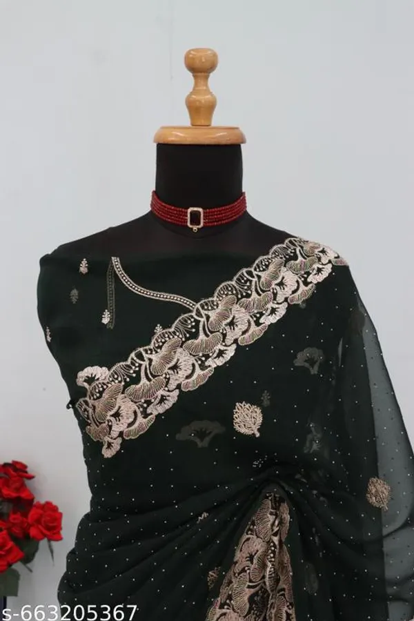 Green_Embroidered_Party_Wear_Shimmer_Saree_With_Blouse_For_Women