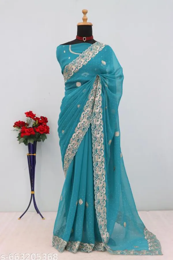 Teal_Embroidered_Party_Wear_Shimmer_Saree_With_Blouse_For_Women