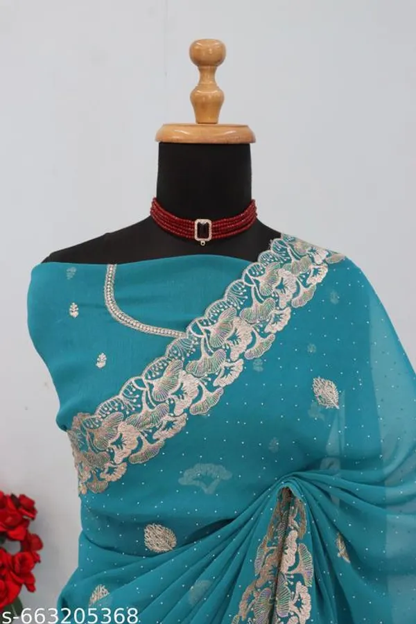 Teal_Embroidered_Party_Wear_Shimmer_Saree_With_Blouse_For_Women
