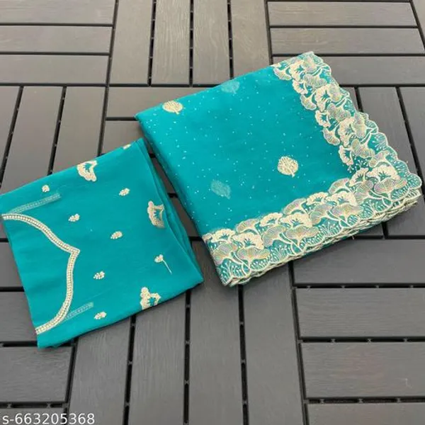 Teal_Embroidered_Party_Wear_Shimmer_Saree_With_Blouse_For_Women