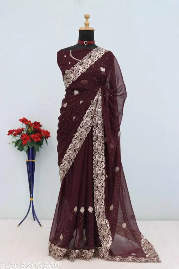 Brown_Embroidered_Party_Wear_Shimmer_Saree_With_Blouse_For_Women