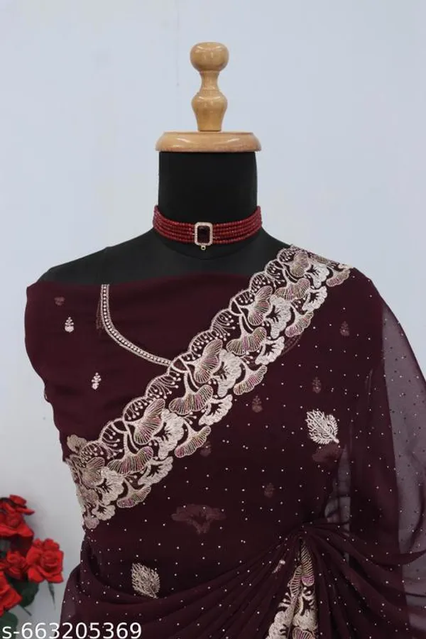 Brown_Embroidered_Party_Wear_Shimmer_Saree_With_Blouse_For_Women