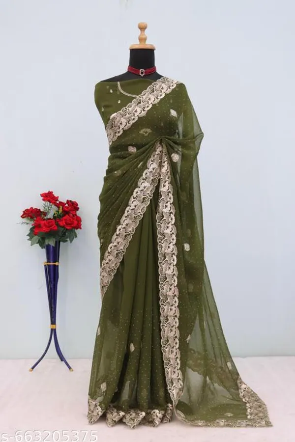 Mehendi_Embroidered_Party_Wear_Shimmer_Saree_With_Blouse_For_Women