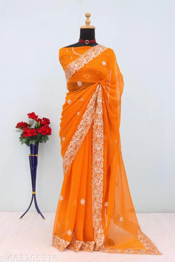 Orange_Embroidered_Party_Wear_Shimmer_Saree_With_Blouse_For_Women