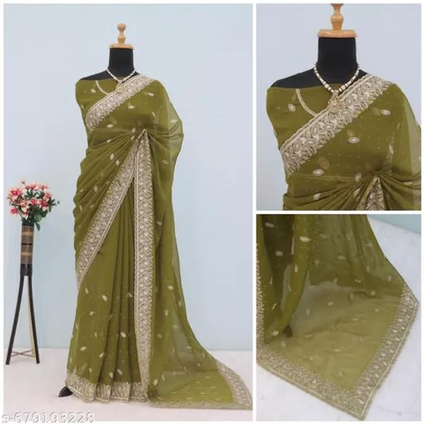 Mehendi_Embroidered_Party_Wear_Shimmer_Saree_With_Blouse_For_Women