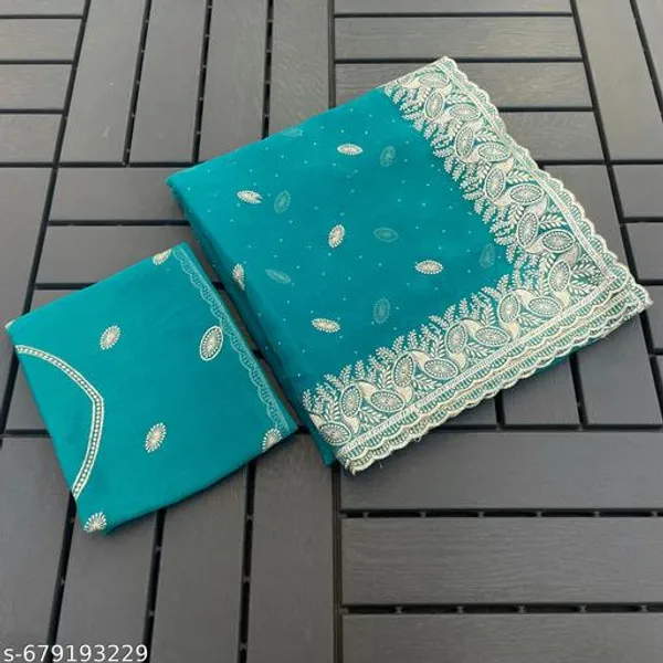 Teal_Embroidered_Party_Wear_Shimmer_Saree_With_Blouse_For_Women