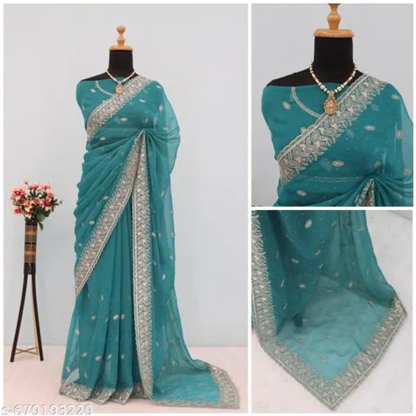 Teal_Embroidered_Party_Wear_Shimmer_Saree_With_Blouse_For_Women