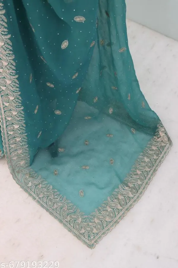 Teal_Embroidered_Party_Wear_Shimmer_Saree_With_Blouse_For_Women