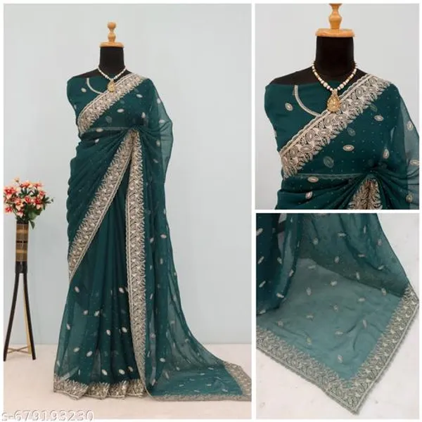 Green_Embroidered_Party_Wear_Shimmer_Saree_With_Blouse_For_Women