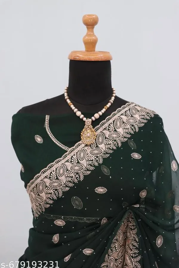 Dark_Green_Embroidered_Party_Wear_Shimmer_Saree_With_Blouse_For_Women