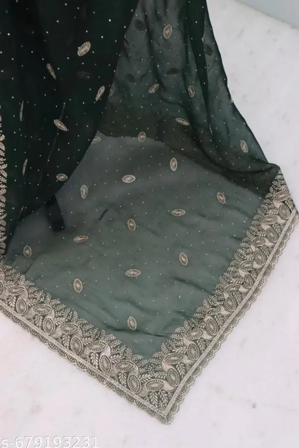 Dark_Green_Embroidered_Party_Wear_Shimmer_Saree_With_Blouse_For_Women