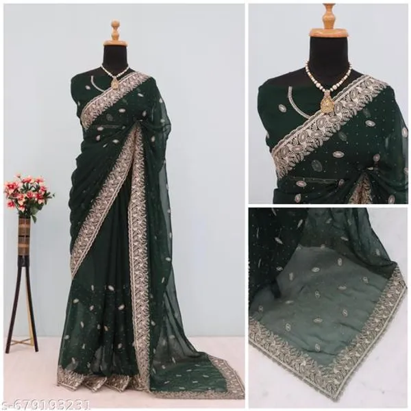 Dark_Green_Embroidered_Party_Wear_Shimmer_Saree_With_Blouse_For_Women