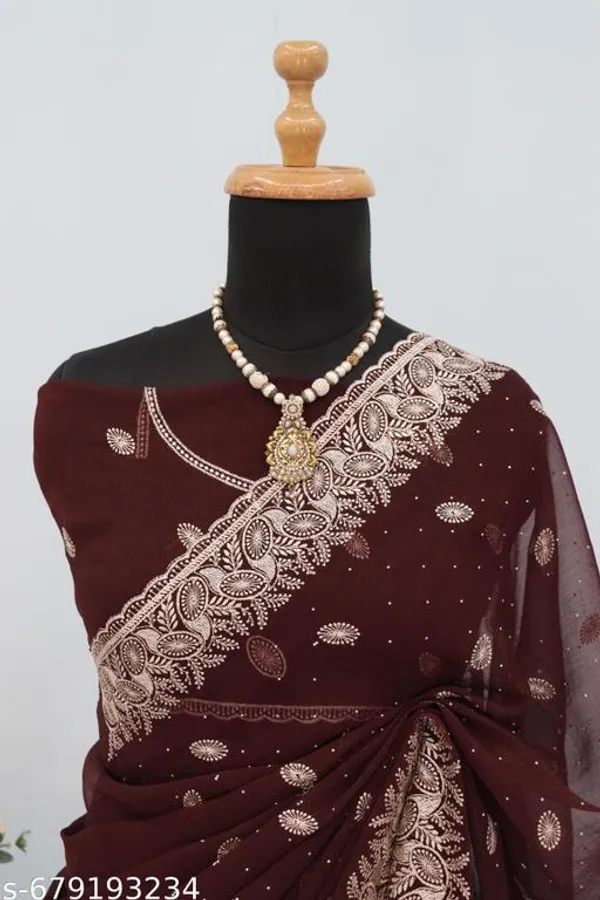 Brown_Embroidered_Party_Wear_Shimmer_Saree_With_Blouse_For_Women