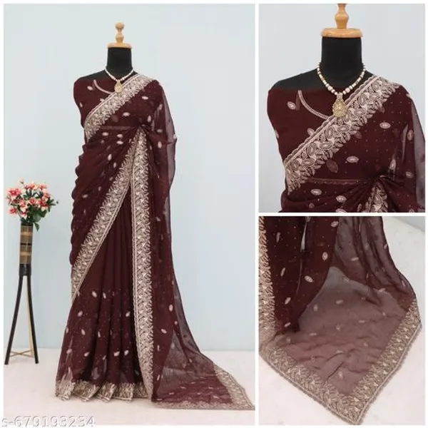 Brown_Embroidered_Party_Wear_Shimmer_Saree_With_Blouse_For_Women