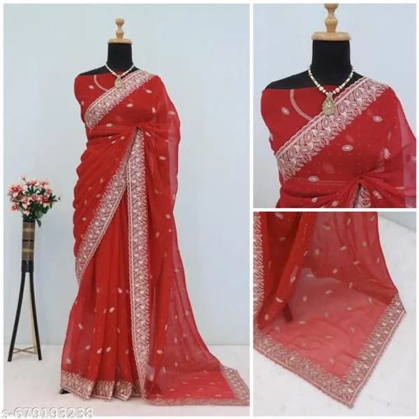 Red_Embroidered_Party_Wear_Shimmer_Saree_With_Blouse_For_Women