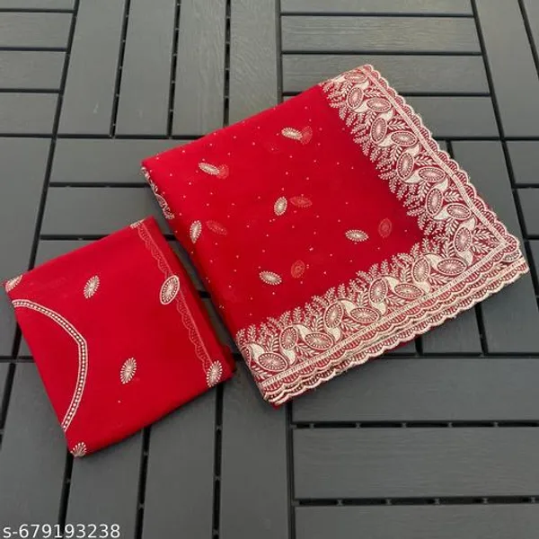 Red_Embroidered_Party_Wear_Shimmer_Saree_With_Blouse_For_Women
