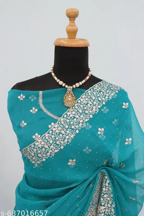 Teal_Embroidered_Party_Wear_Shimmer_Saree_With_Blouse_For_Women