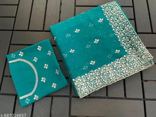 Teal_Embroidered_Party_Wear_Shimmer_Saree_With_Blouse_For_Women
