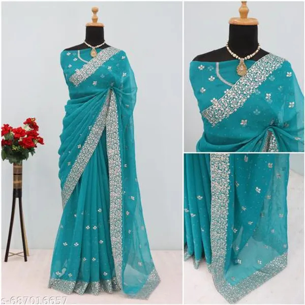 Teal_Embroidered_Party_Wear_Shimmer_Saree_With_Blouse_For_Women
