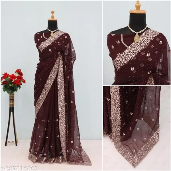 Brown_Embroidered_Party_Wear_Shimmer_Saree_With_Blouse_For_Women