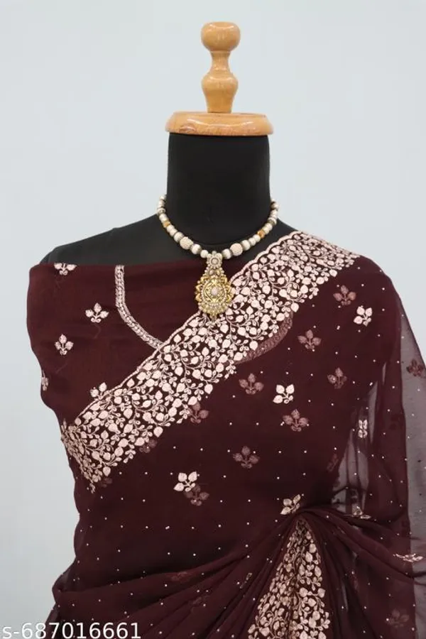 Brown_Embroidered_Party_Wear_Shimmer_Saree_With_Blouse_For_Women