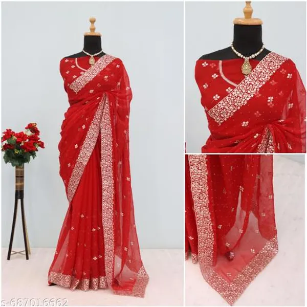 Red_Embroidered_Party_Wear_Shimmer_Saree_With_Blouse_For_Women