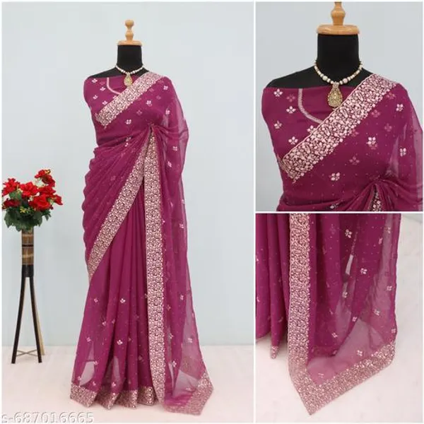 Dark_Pink_Embroidered_Party_Wear_Shimmer_Saree_With_Blouse_For_Women