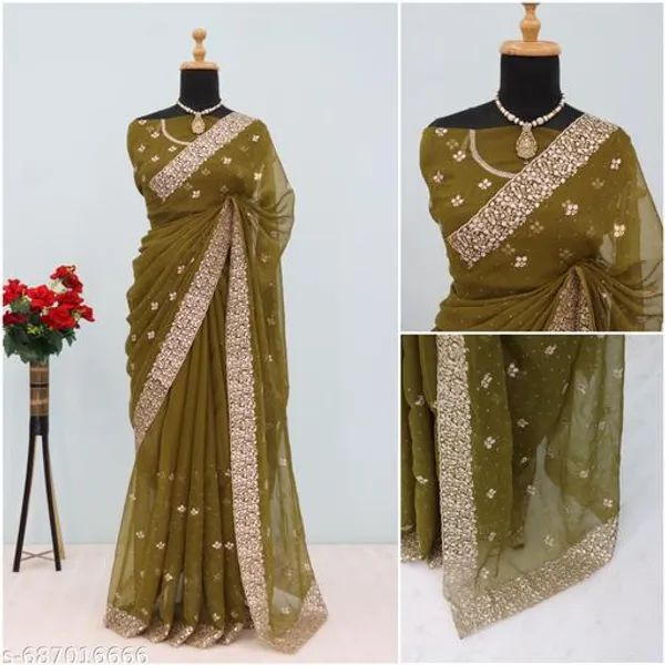 Mehendi_Embroidered_Party_Wear_Shimmer_Saree_With_Blouse_For_Women