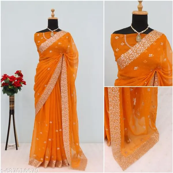 Orange_Embroidered_Party_Wear_Shimmer_Saree_With_Blouse_For_Women