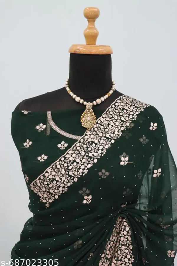 Dark_Green_Embroidered_Party_Wear_Shimmer_Saree_With_Blouse_For_Women