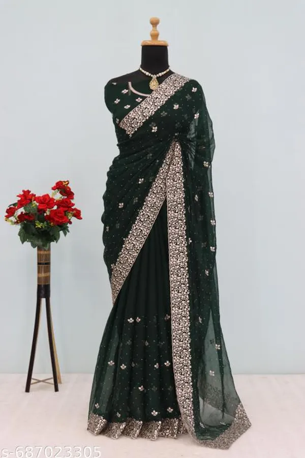 Dark_Green_Embroidered_Party_Wear_Shimmer_Saree_With_Blouse_For_Women